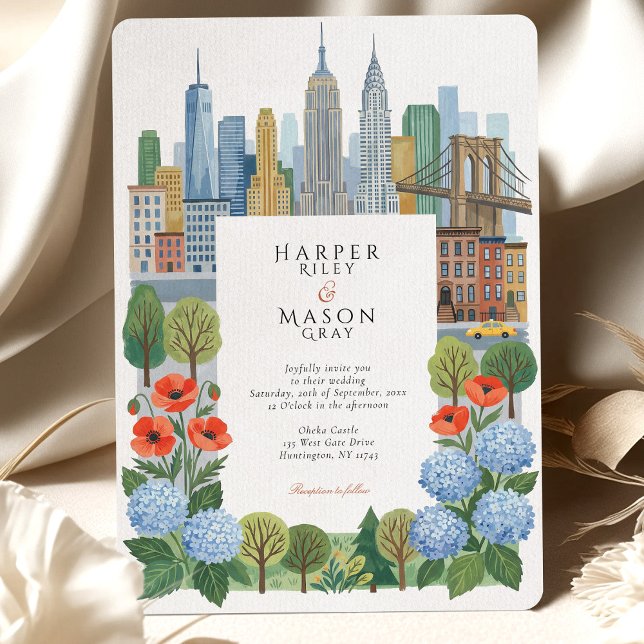 Artistic NYC Skyline Blue Hydrangea Red Poppy Wedd Inbjudningar (Skapare uppladdad)