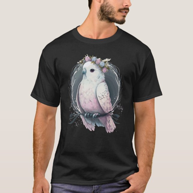 Artistic White Parakeet Budgie Bird Flower Crown P T Shirt (Framsida)