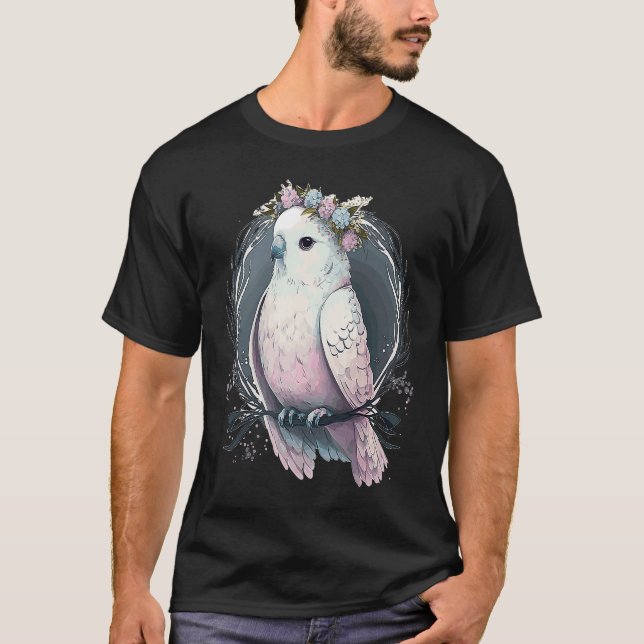 Artistic White Parakeet Budgie Bird Flower Crown P T Shirt (Framsida)
