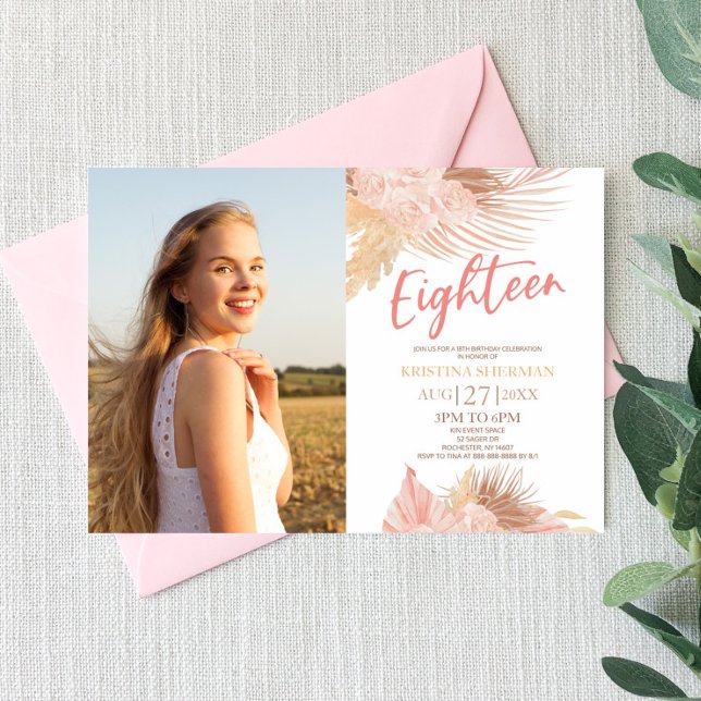 Arton Boho Rosa Photo 18:e Födelsedagsfesten Inbjudningar (Skapare uppladdad)