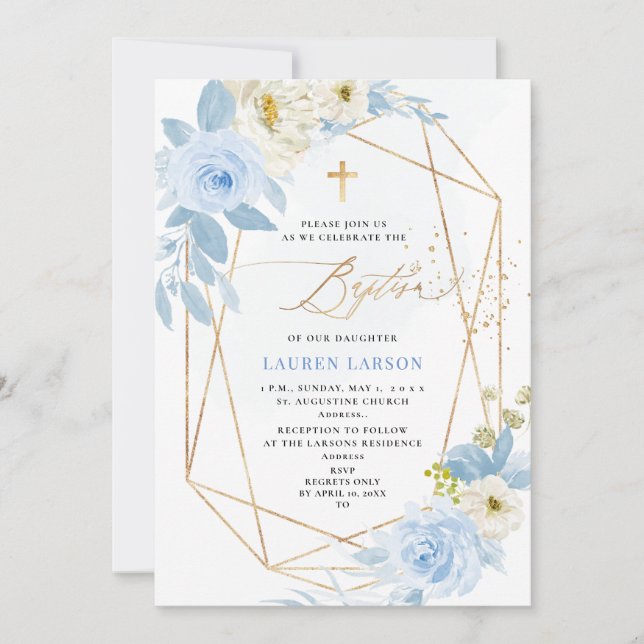 ArtsApp-Elegant H2 Dusty Blue Ro Baptism Inbjudningar (Framsida)