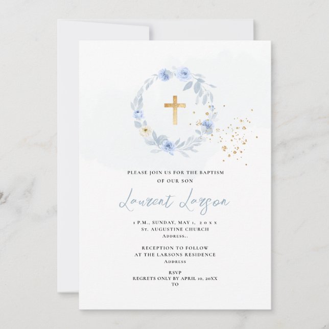 ArtsApp-Elegant H2 Dusty Blue Ro Baptism Inbjudningar (Framsida)