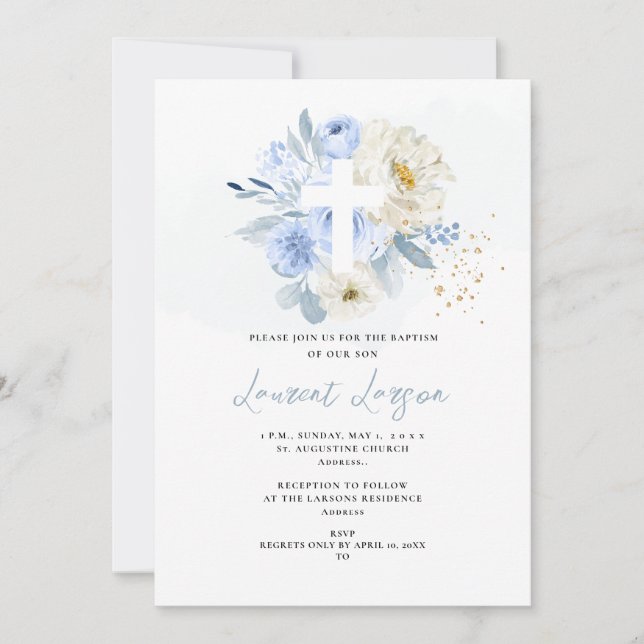 ArtsApp-Elegant H2 Dusty Blue Ro Baptism Inbjudningar (Framsida)