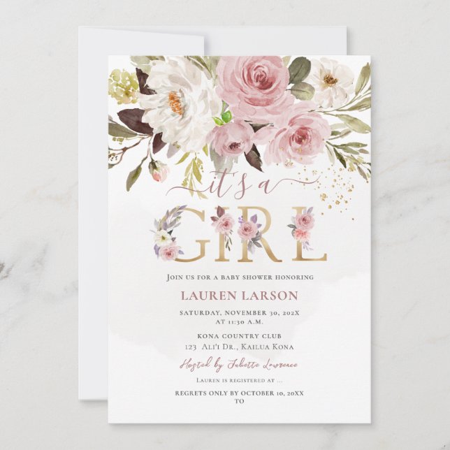 ArtsApp H2 Dusty Ro Rosor Baby Shower Inbjudningar (Framsida)