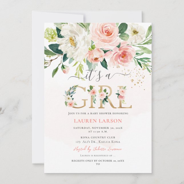 ArtsApp H2  Rosa ros Baby Shower Inbjudningar (Framsida)