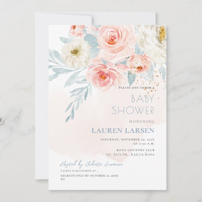 ArtsApp H2  Rosa ros Dusty Blue Foliage Inbjudningar (Framsida)