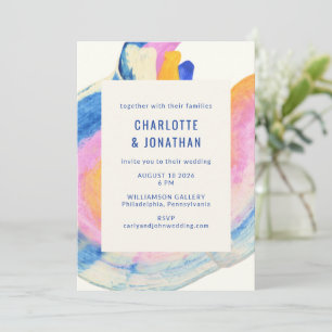 Artsy Abstrakt Blue och Gult Watercolor Bröllop Inbjudningar