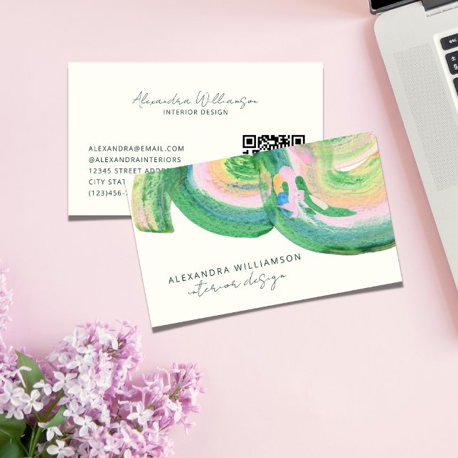 Artsy Abstrakt Grönt Vattenfärgsmarkör QR-kod Visitkort (Skapare uppladdad)