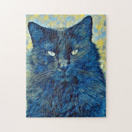 Artsy Black Cat i Blue Puzzle Pussel
