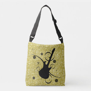 Artsy Black Guitar & Flowers Guld Faux Glitter Axelväska