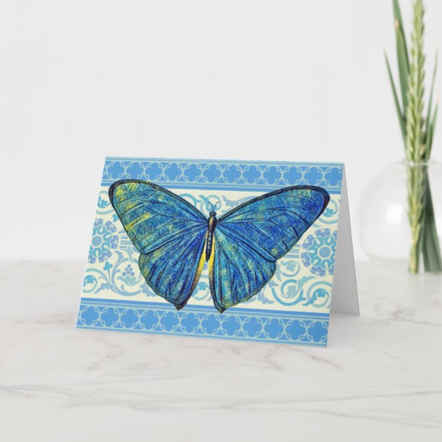 Artsy Blue Butterfly på Art Deco Mönster Card Kort (Framsida)