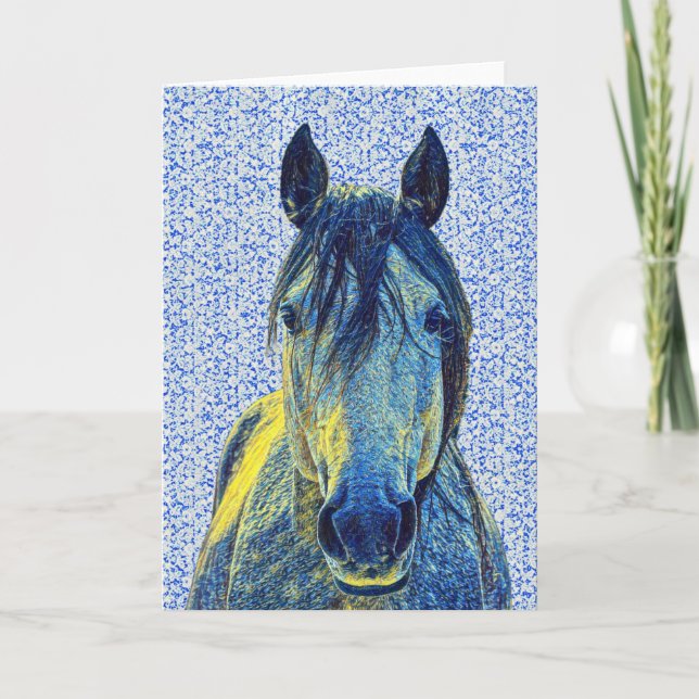 Artsy Blue Horse på Mönster Art Note Card 1 Kort (Framsida)