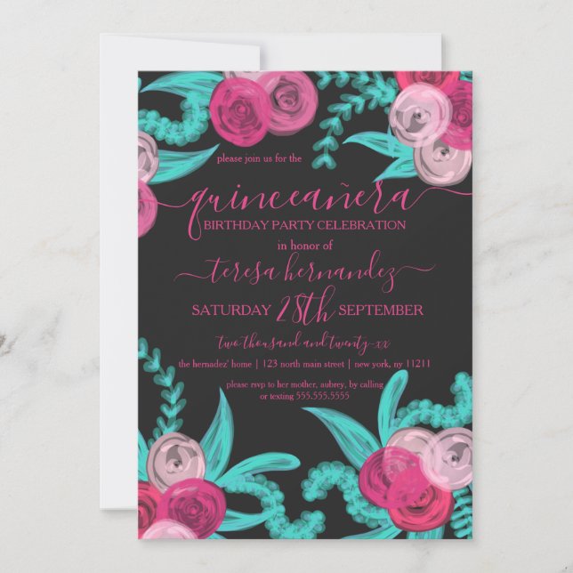 Artsy Bright Neon Rosa Teal Flowers Quinceañera Inbjudningar (Framsida)