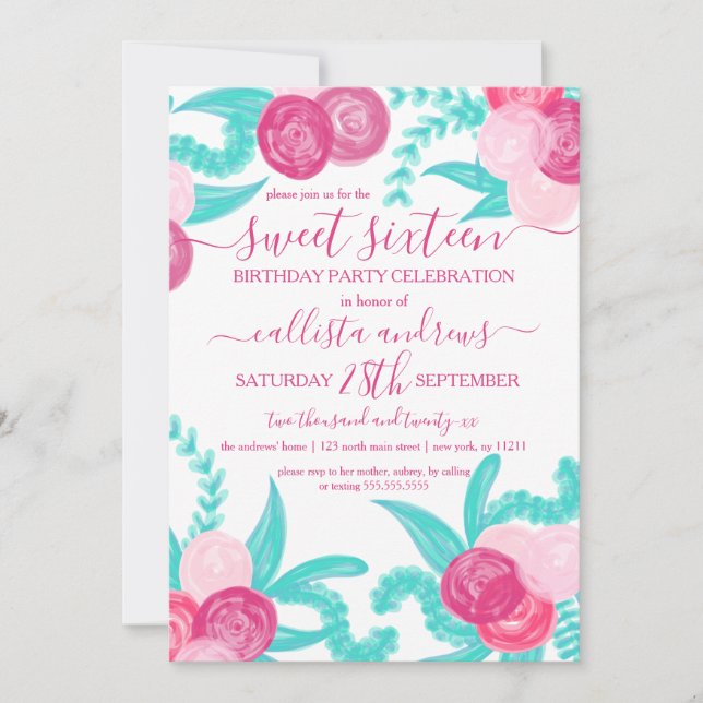 Artsy Bright Neon Rosa Teal Flowers Sweet 16 Inbjudningar (Framsida)