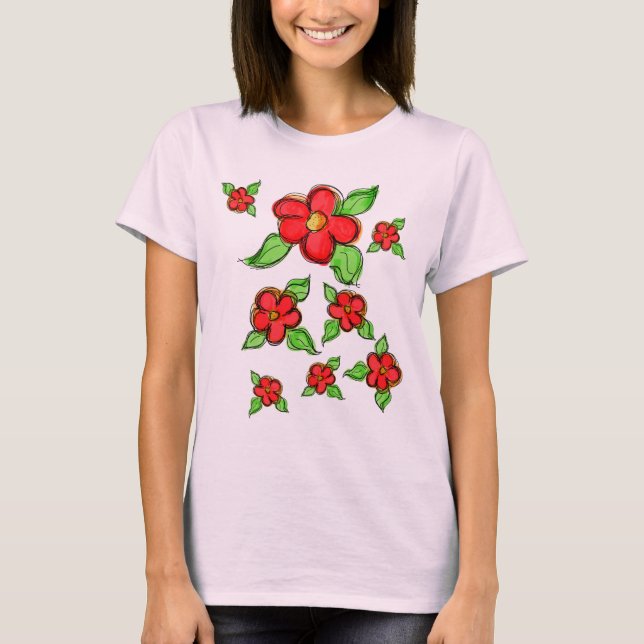 Artsy Bright Red Flower Accented T-shirt (Framsida)