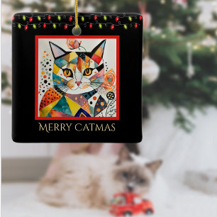 Artsy Cat med jul Ljus Merry Catmas Black Julgransprydnad Keramik