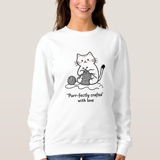 Artsy Cat with Yarn Knitting Simple Black White T Shirt (Framsida)
