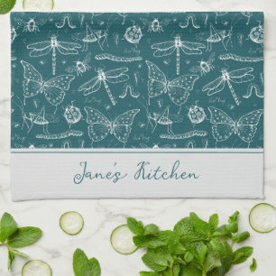 Artsy Chef's Kitchen Teal Blue Insekt Teckning Kökshandduk