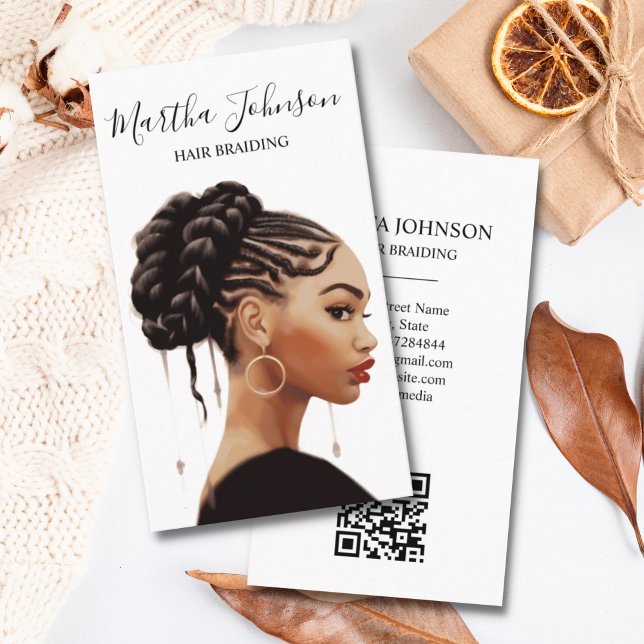 Artsy Chic Afro American Braids Braiding QR Code Visitkort (Skapare uppladdad)