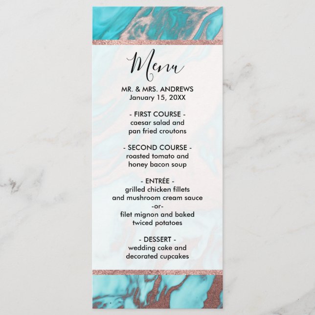 Artsy Chic Guld Aqua Mint Blue Marble Mönster Meny (Framsida)