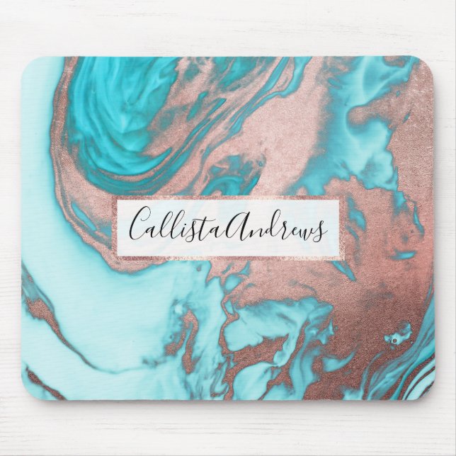 Artsy Chic Guld Aqua Mint Blue Marble Mönster Musmatta (Framsidan)