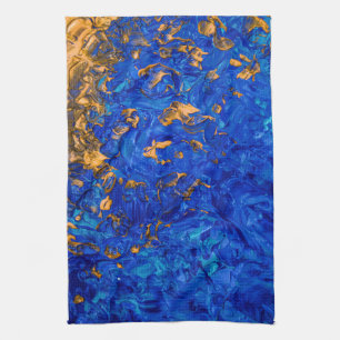 Artsy Cobalt Blue Golden Gult Akrylmålning Kökshandduk