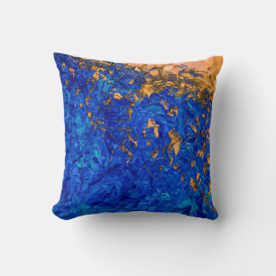 Artsy Cobalt Blue Golden Gult Akrylmålning Kudde