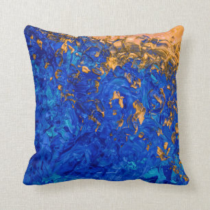 Artsy Cobalt Blue Golden Gult Akrylmålning Kudde