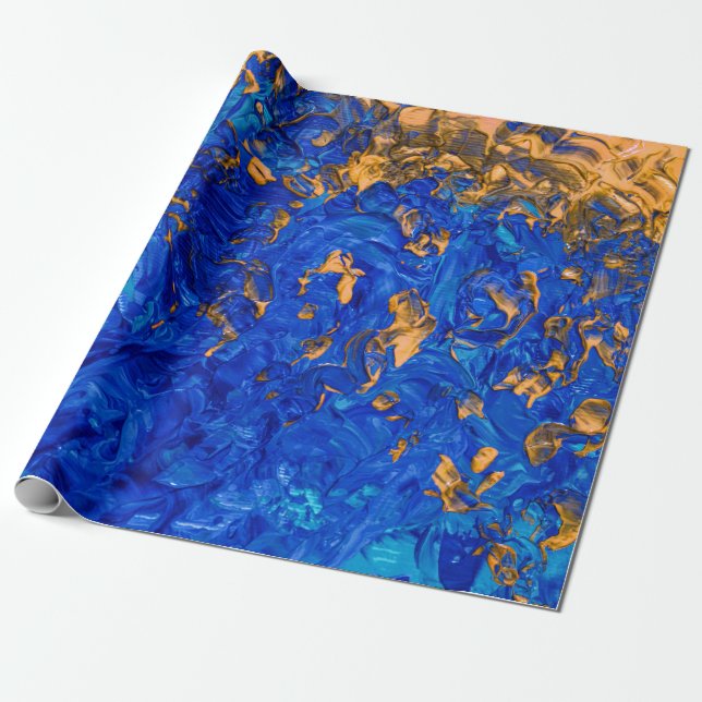 Artsy Cobalt Blue Golden Gult Akrylmålning Presentpapper (Utrullad)