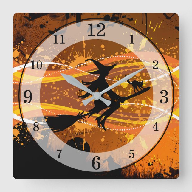 Artsy, Coola Flies Witch Silhouette Halloween Fyrkantig Klocka (Framsida)
