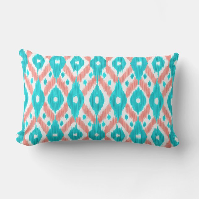 Artsy Coral Teal Abstrakt Ikat Geometric Mönster Lumbarkudde (Framsida)