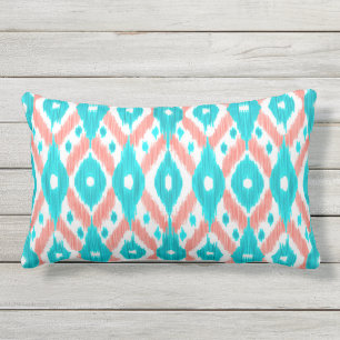 Artsy Coral Teal Abstrakt Ikat Geometric Mönster Lumbarkudde