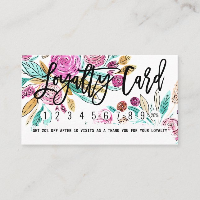 Artsy Elegant Rosa Teal Blommigt Vattenfärg Lojalitetskort (Framsida)
