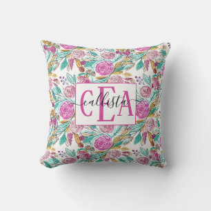 Artsy Elegant Rosa Teal Blommigt Watercolor Monogr Kudde