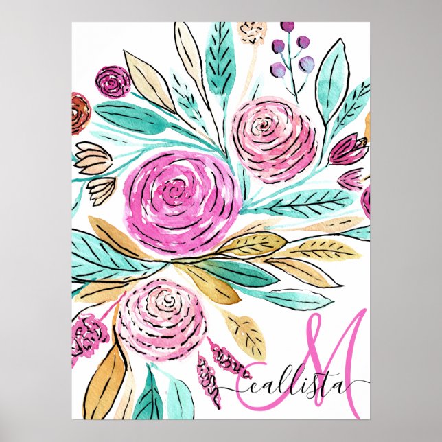 Artsy Elegant Rosa Teal Blommigt Watercolor Monogr Poster (Framsidan)
