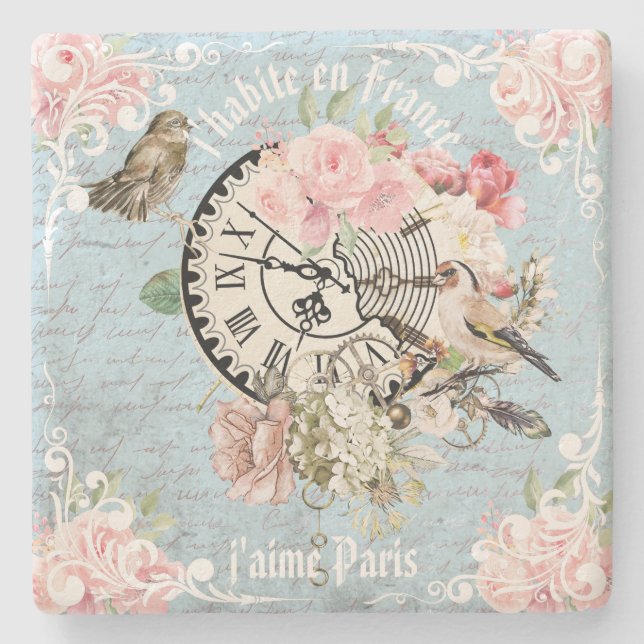 Artsy Fransk stil vintage Ephemera botaniskt blått Stenunderlägg (Framsidan)