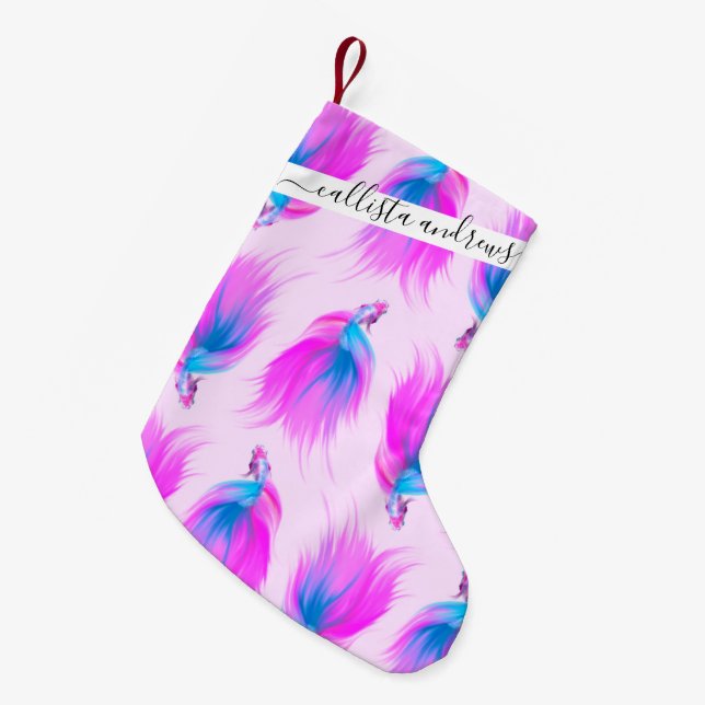 Artsy Girly Neon Rosa Blue Pawarde Betta Fish Liten Julstrumpa (Framsidan (Hängande))
