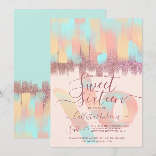 Artsy Girly Teal Rosa Glitter Brushstroke Sweet 16 Inbjudningar (Fram/baksida)