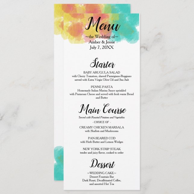 Artsy Gouache Watercolor Bröllop Menu Meny (Fram/baksida)