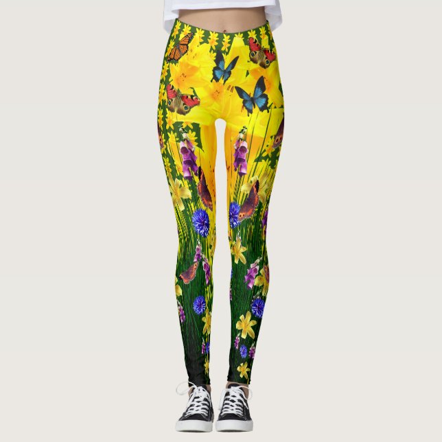 Artsy Grönt Roligt Butterfly Vår blommor Leggings (Framsida)
