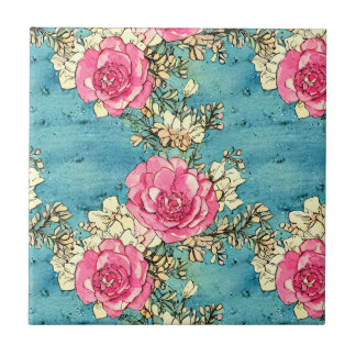 Artsy handmålad färglös Rosa ros Blue Kakelplatta