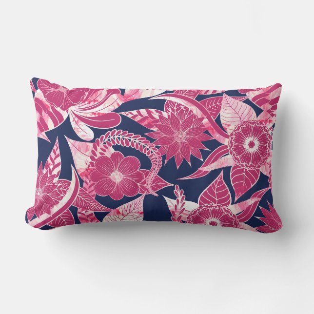 Artsy Modern Fuschia Navy Acrylic Blommigt Löv Lumbarkudde (Framsida)