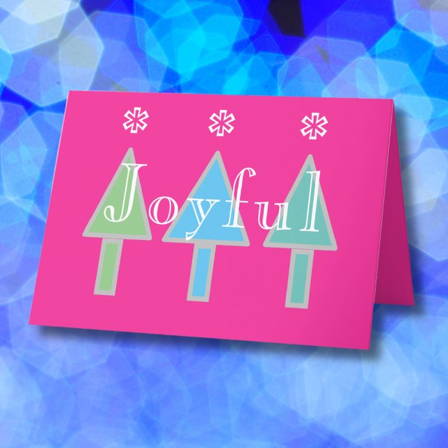 Artsy Modern jul Personlig Namn Cute Helgkort (Joyful pink horizontal holiday card with abstract art Christmas trees.)