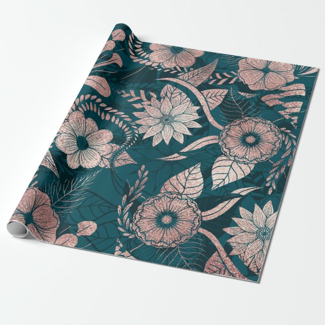 Artsy Modern Ro Guld Emerald Grönt Flowers Presentpapper (Utrullad)