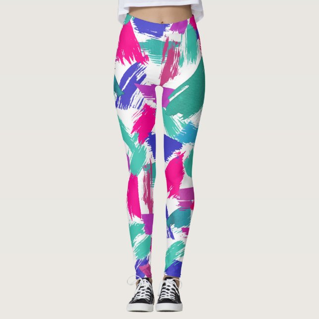 Artsy Modern Rosa Teal Lila Brushstroke Collage Leggings (Framsida)