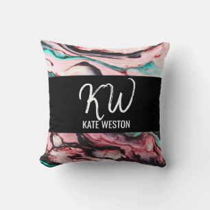 Artsy Modern Teal Rosa Black Marble Paint Monogram Kudde