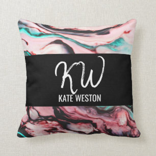 Artsy Modern Teal Rosa Black Marble Paint Monogram Kudde