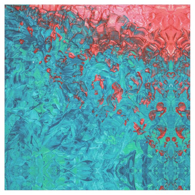 Artsy Neon Orange Teal Grönt Akrylmålning Tyg (Närbild)
