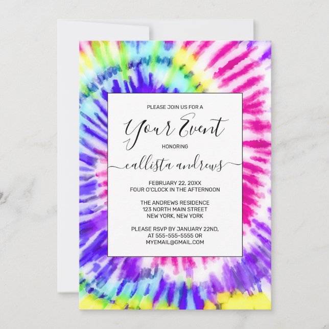 Artsy Neon Rainbow Tie Dye Watercolor Mönster Inbjudningar (Framsida)
