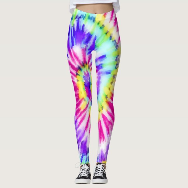 Artsy Neon Rainbow Tie Dye Watercolor Mönster Leggings (Framsida)